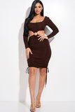 Solid Long Sleeve Ruched Short Dress With O Ring