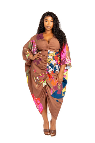 Printed Ruched Kaftan Dress With Inside Waist Tie