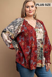 Mixed Print Front Button Long Sleeve Top